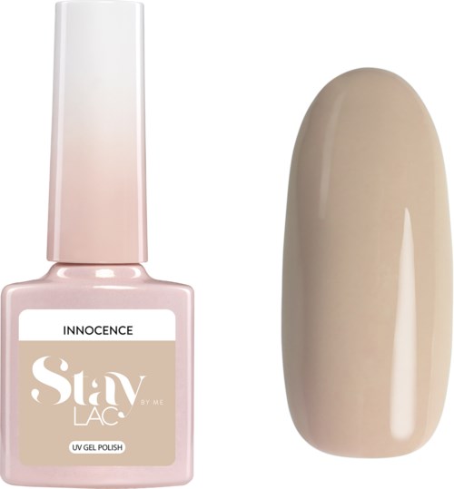 En rosa nagellackflaska med ett beige nagellacksprov bredvid. Flaskan är märkt 'Innocence'.