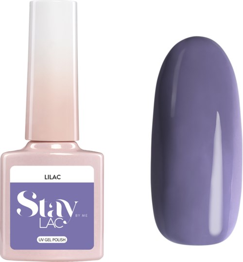 En flaska lilafärgad UV-gel lack bredvid ett målat nagelprov i mörkare lila färg.