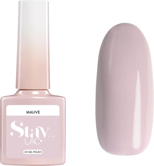 En flaska nagellack i rosa färg märkt 'UV GEL POLISH' med en målad nageltopp som visar färgen.