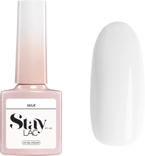 Pink nagellackflaska med etiketten 'Stay LAC' och en vit konstgjord nagel. Båda används för manikyr.