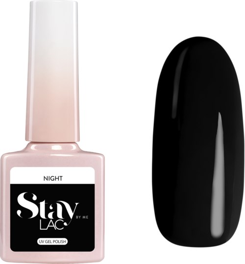 En flaska svart gelénagellack märkt 'Night' med en ovalformad svart nagelprovsbit.