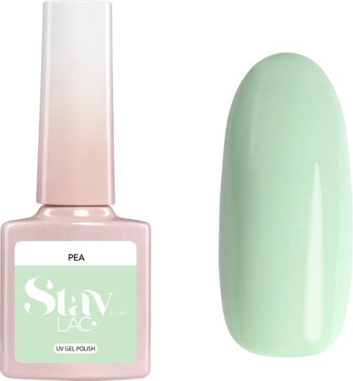 En ljusrosa nagellackflaska märkt 'PEA' och en grön målade konstnagel. Båda visas mot en vit bakgrund.
