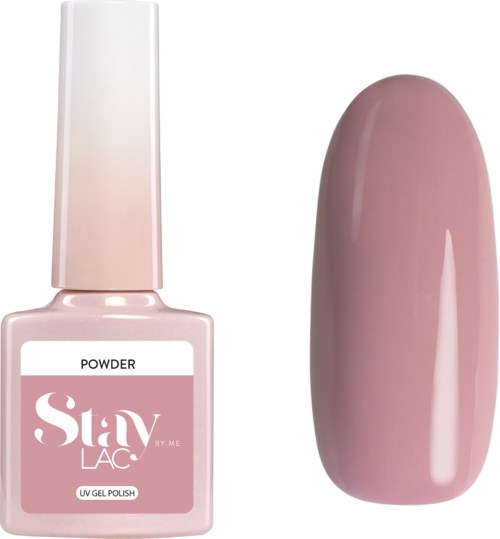En flaske rosa neglelak og en enkelt poleret rosa negleprøve. Mærket er "Stay Lac".