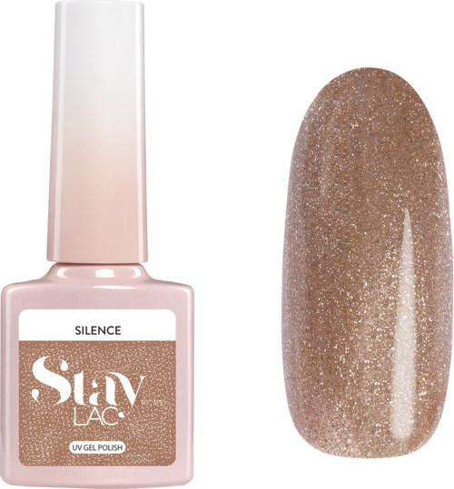 En flaska glitternagellack med en lång beige kork, visar ett provnagell med matchande glansigt lack.