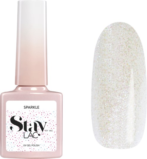 En pink og hvid flaske med glitter neglelak og en pyntet kunstnegl med glimmer.