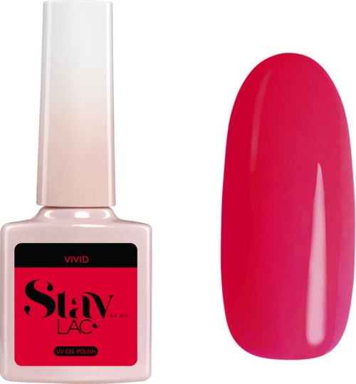 Nagellackflaska och provnagel målad i ljus rosa färg.