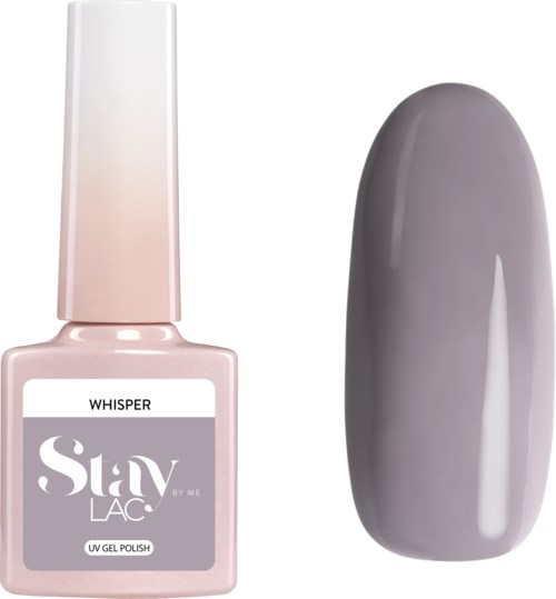 En flaska med rosa nagellack och en grå konstnagel visas. Nagellacket är märkt "Whisper" och "Stay by Me."