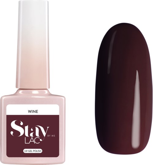 En flaska med Winestay LAC UV-gel nagellack och ett mörkrött naglexempel. Flaskan är ljusrosa med vita och mörkröda etiketter.