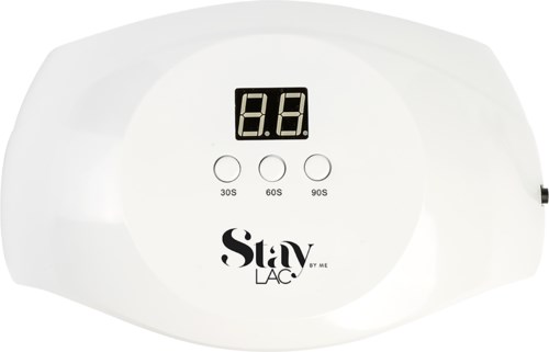 Biała lampa do paznokci z wyświetlaczem cyfrowym i trzema przyciskami oznaczonymi 30s, 60s i 90s, służąca do utwardzania paznokci.