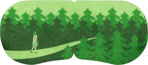 Henkilö kävelee polulla, joka on ympäröinyt paljon vihreitä mäntypuita metsässä.