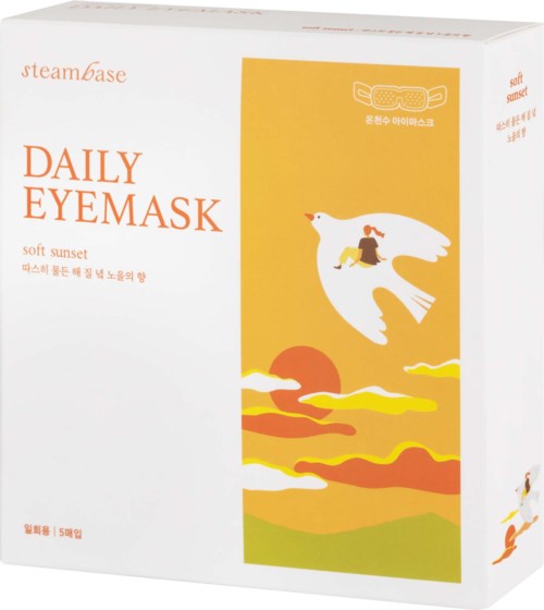 A box of daily eye masks with a sunset and bird design, showing a person riding a bird.