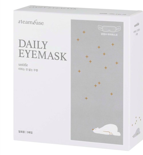 Packaging box for daily eye mask, white with a sleeping mouse illustration, stars, and some text in multiple languages.