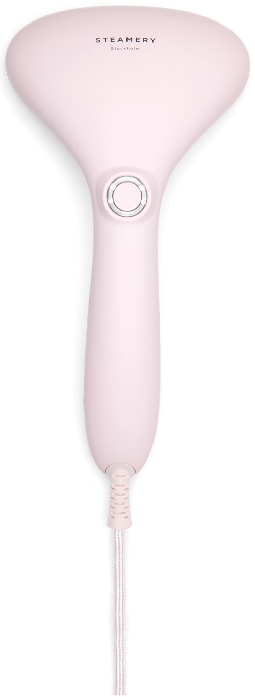 Ein pinkfarbenes Handgerät mit einem runden Knopf, Markierung 'Steamery' und einem Kabel am unteren Ende.