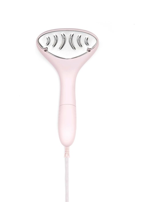 Ein rosa Gesichts-Massagegerät mit gebogener Oberseite und Metallzinken, verwendet für Hautpflege.