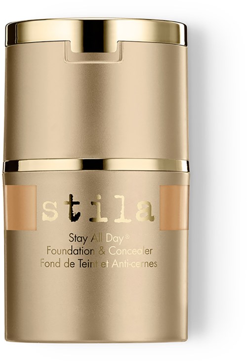 Złota butelka z pompą oznaczona "stila" i "Stay All Day Foundation & Concealer."