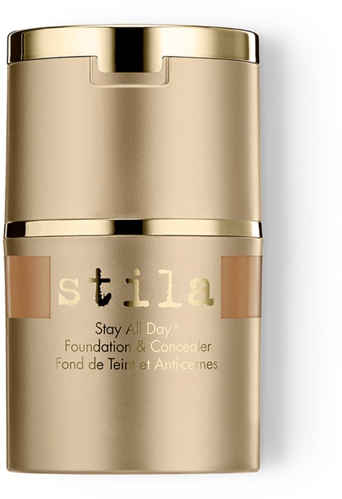 Złota butelka z beżowym i złotym wzorem, oznaczona 'stila' i 'Stay All Day Foundation & Concealer.'