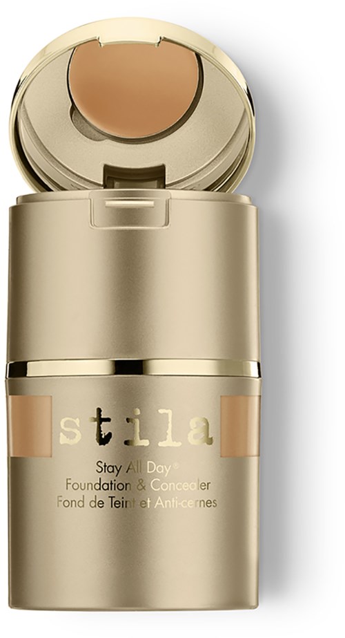 Beżowa butelka podkładu z częściowo otwartym wieczkiem, oznaczona "stay all day" i "foundation & concealer."