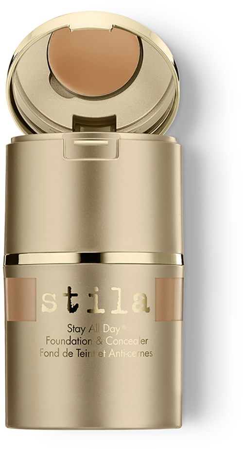 Beżowa butelka do makijażu z okrągłym wieczkiem, oznaczona 'Stay All Day Foundation & Concealer'.