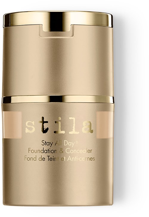 Złota butelka z pompką, oznaczona "stila Stay All Day Foundation & Concealer."