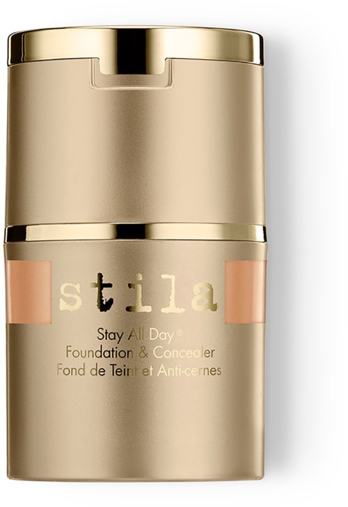 Złota butelka z pompą, oznaczona 'Stila Stay All Day Foundation & Concealer'.