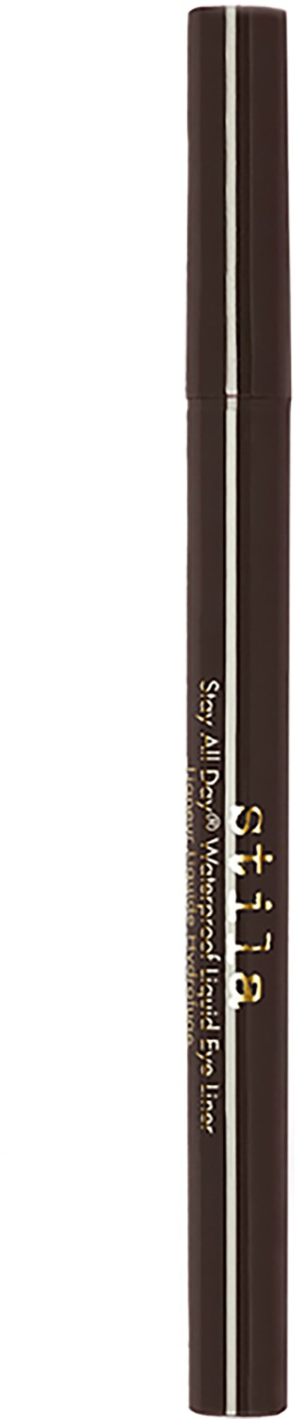 A black eyeliner pen with gold text, standing vertically. The words "Stila" and product info are visible.