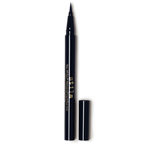 A black liquid eyeliner pen with a fine tip, lying upright with its cap beside it.