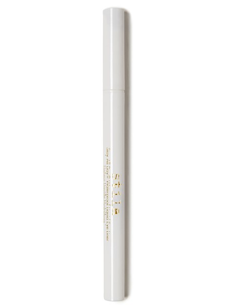 A white cylindrical pen with a gold logo and text on it.