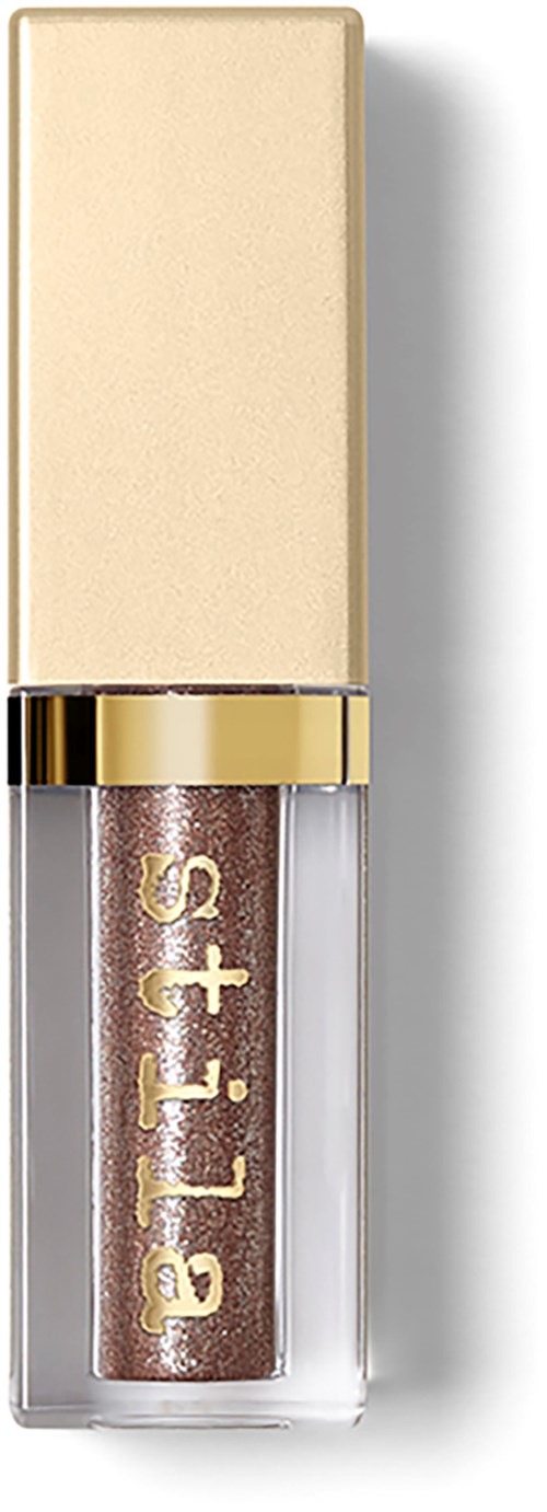 Lippenstift mit beigem Gehäuse und goldener Klammer, enthält schimmerndes hellrosa Produkt.