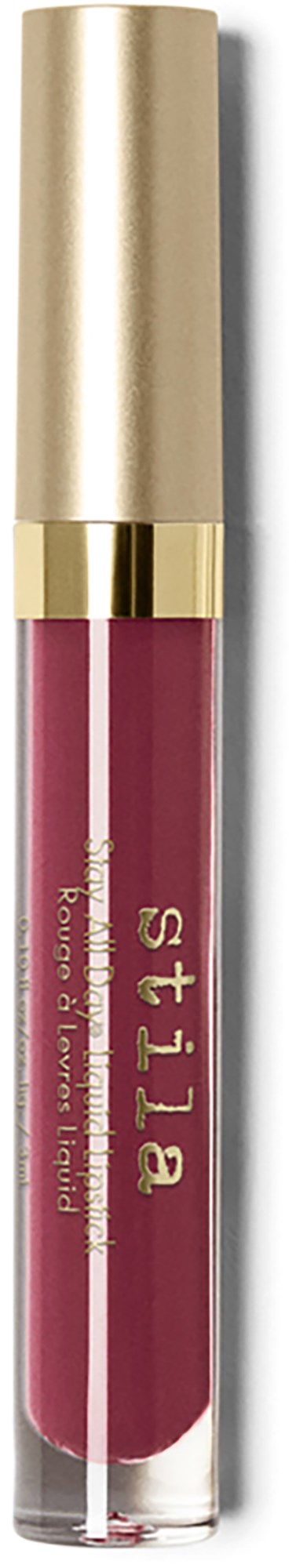 Ein rosa Lipgloss mit goldener Kappe und durchsichtigem Röhrchen, zeigt die Marke Stila.