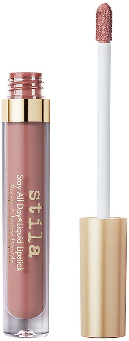 Lippenstift mit beigem Deckel und Applikator, labeled 'Stila Soy All Day Liquid Lipstick.'