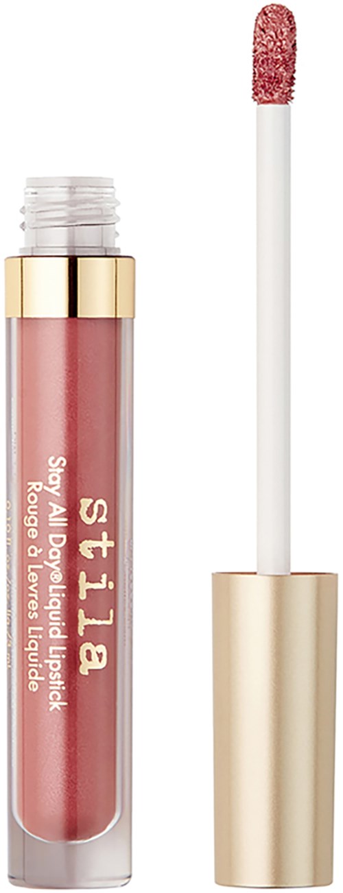 En leppestift med gullkapsel og en applikator med rosa gloss.