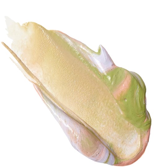 Ein Nahaufnahme eines bunten, länglichen Objekts mit grünen, rosa und cremefarbenen Tönen, ähnlich einer kunstvoll bemalten Muschel oder Artefakt.