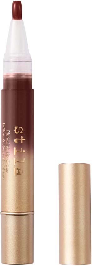 Een lippenset met een goudkleurige behuizing en een rode kleur. De dop is verwijderd, waardoor de lipstick zichtbaar is.