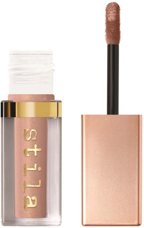 Lippenbalsem tube met gouden dop, open kap met applicator met gloss, roze tint.