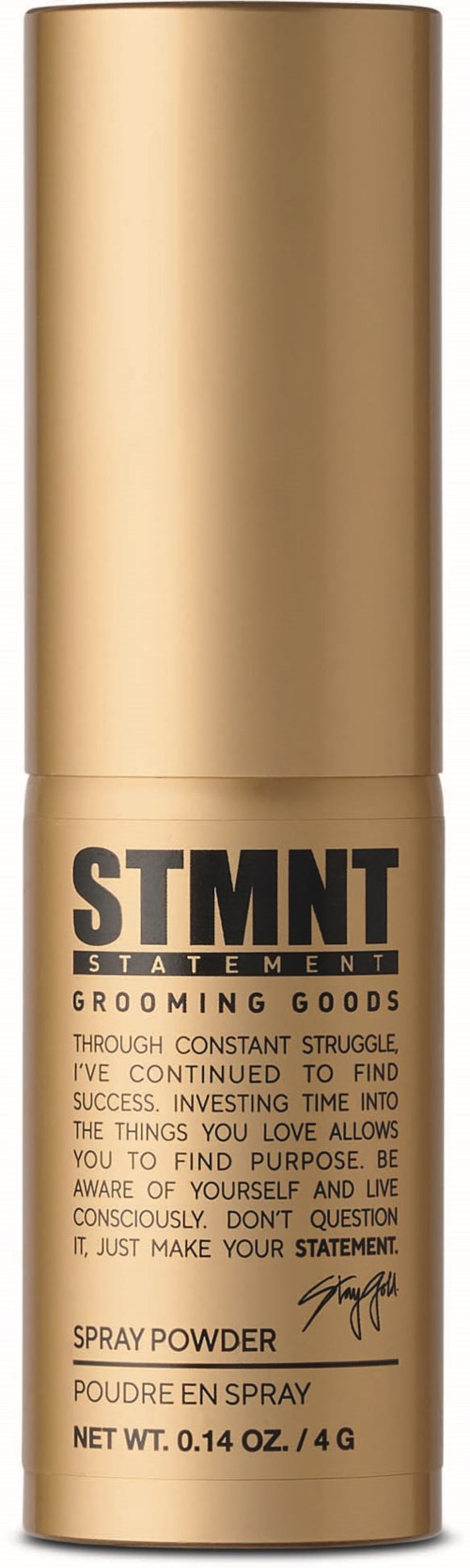 En guld spraypulverbehållare med svart text som säger 'STMT' och ett motiverande citat.