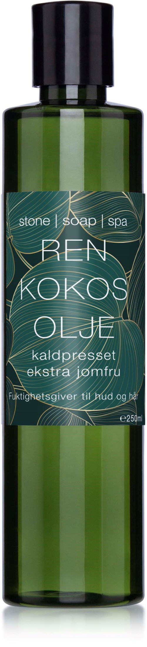 En lang grønn flaske med svart lokk. Merket har tekst om kokosolje for hud, såpe og spa.