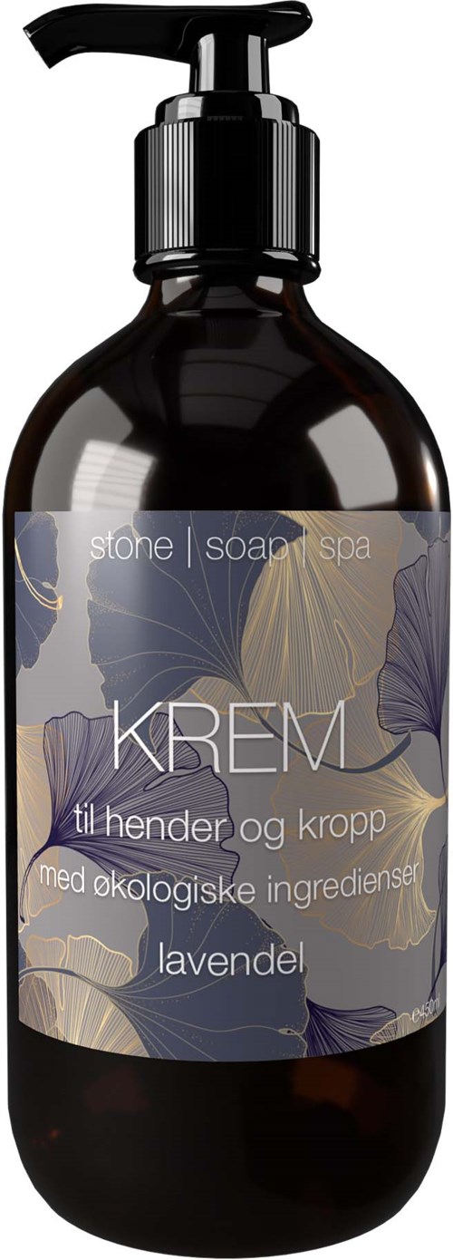 Mørkbrun såpeflaske med blomsteretikett og pumpe, merket 'KREM' for hender og kropp, lavendelduft.