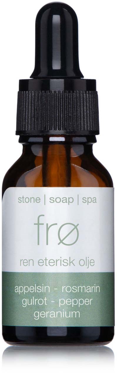 Small brown bottle with a black dropper cap, label says 'froe' and lists ingredients like apple, rosemary, and pepper.
