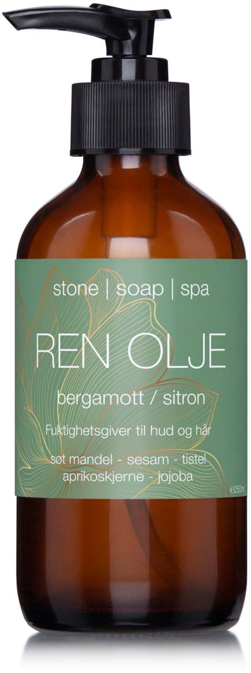En brun flaske med sort pumpe mærket 'Ren Olje' til hud og hår, med bergamot og citron duft ingredienser.