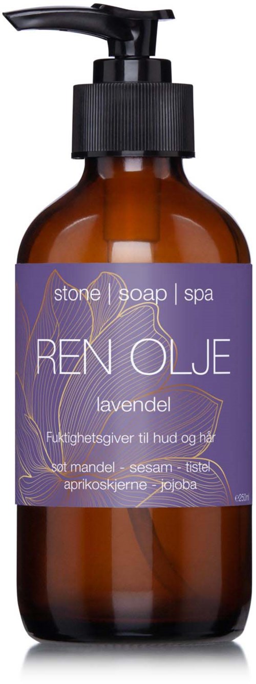 Brun flaske med lilla etikett, sort pumpe, sæbe til hudpleje, lavendeldoft, indeholder naturlige ingredienser.