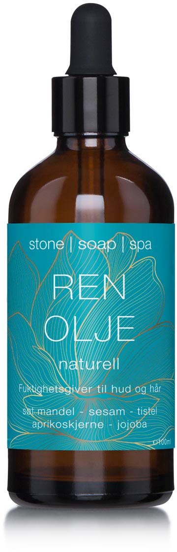 Brun glassflaske med sort pipettesperre, etiketten sier REN olje med naturlige ingredienser som mandel, sesam og jojoba.