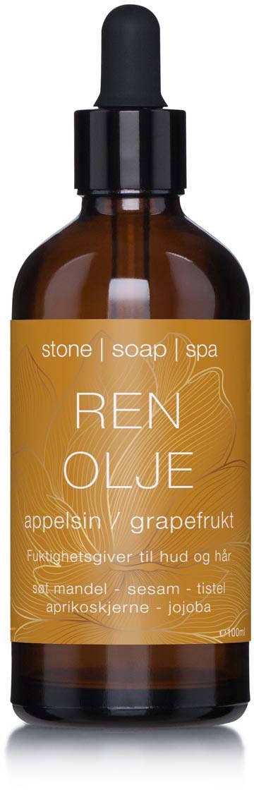 En brun glassflaske med svart pipettehode, etiketten sier "REN OLJE" og har oransje farge, nevner grapefruit og aprikos.
