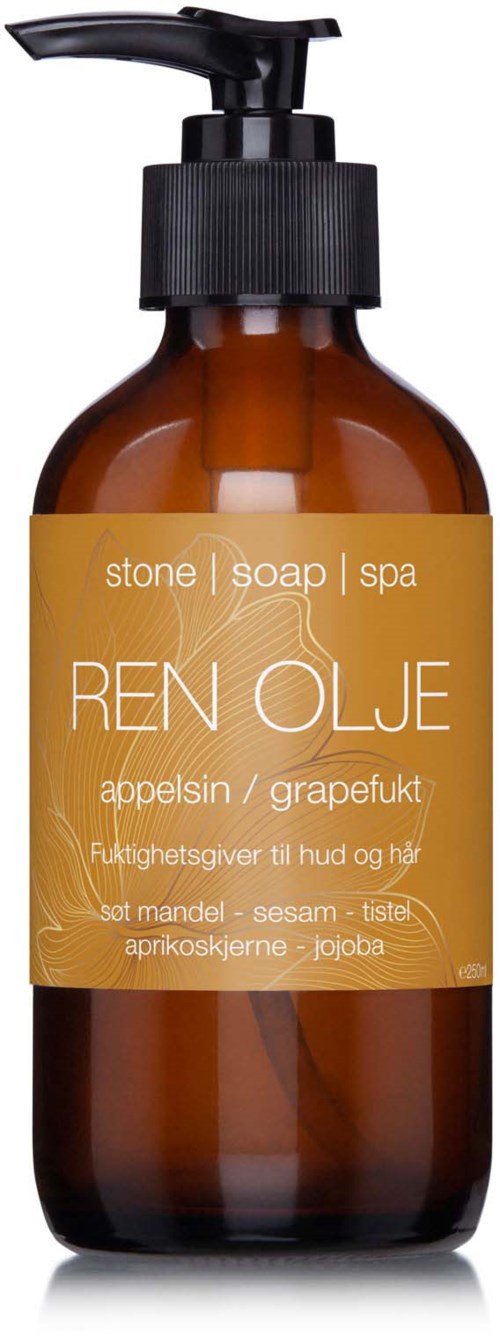 En brun såpebeholder med svart pumpe, merket med grapefrukt med mandel, sesam og jojoba ingredienser.