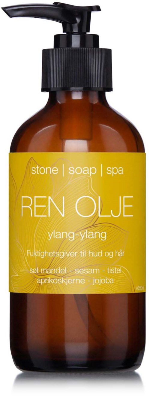 En brun sæbedispenser med sort pumpe og en gul etikett med teksten 'REN OLJE' og dufte.