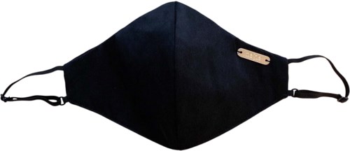En svart ansiktsmaske med justerbare stropper og en liten metallmerke på siden.