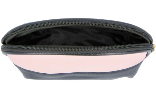 Öppet navy-fodral med rosa inuti, dragkedja upptill, tomt utrymme inuti. Kan vara en penntupp eller kosmetikväska.