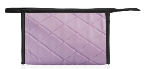 A small, soft lavender bag with black edges and a strap, quilted pattern, used for organizing or storing items.