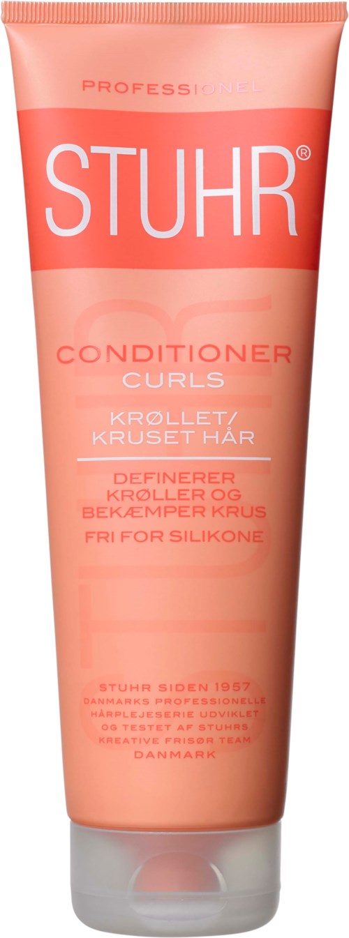 Różowa tubka z napisem STUHR Conditioner do kręconych włosów, bez silikonu, z instrukcjami po duńsku.