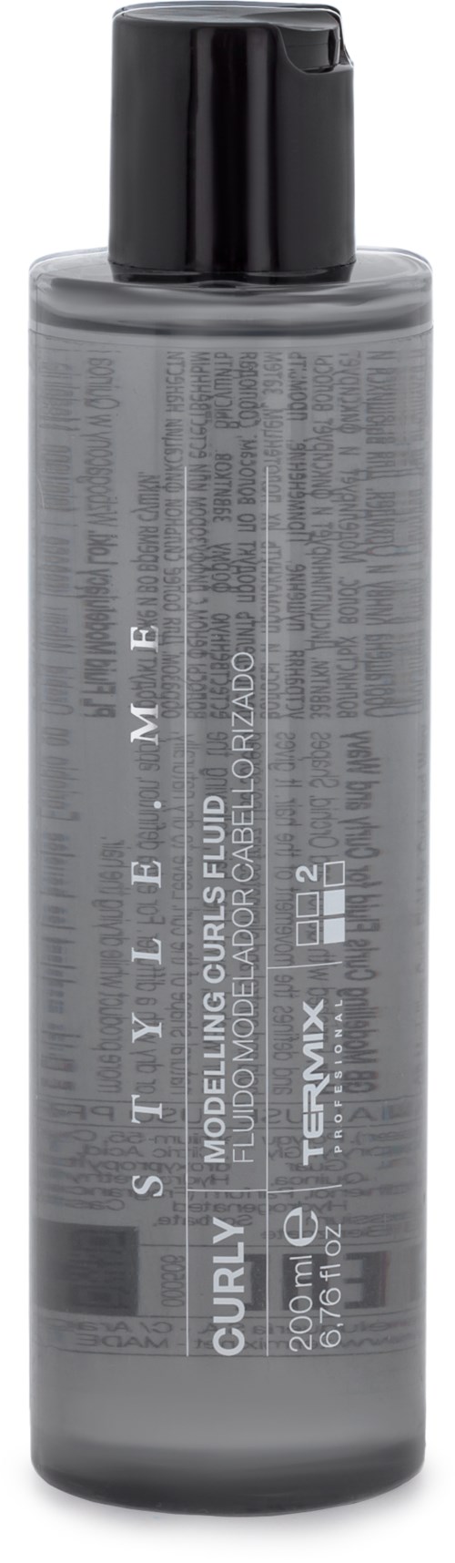 En grå plastflaska med svart lock, märkt som stylingmodelleringmousse för hår, 180 ml kapacitet.