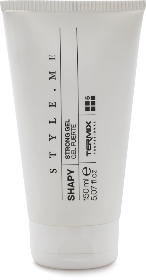 En vit tub med etiketten "SHAPY E.M.E." med "Strong Gel" och "150ml" skrivet på den, med varumärke och text.